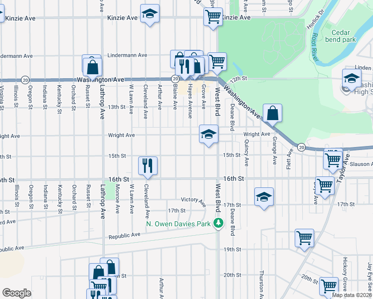map of restaurants, bars, coffee shops, grocery stores, and more near 3312 15th Street in Racine