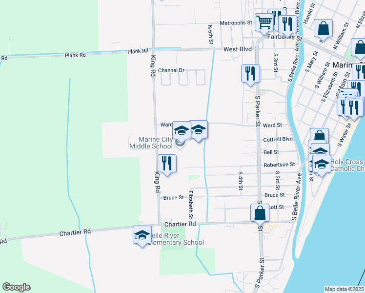 map of restaurants, bars, coffee shops, grocery stores, and more near 1085 Ward Street in Marine City