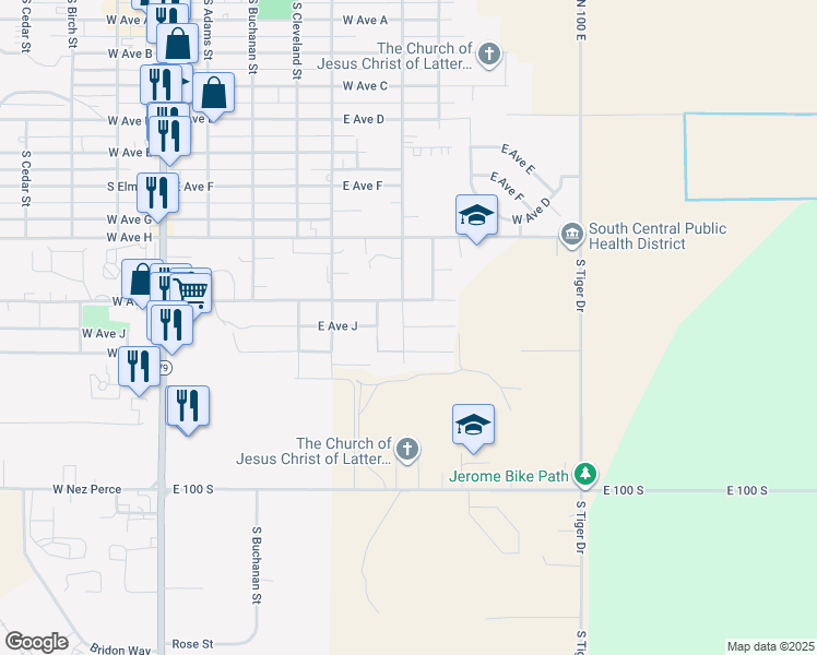 map of restaurants, bars, coffee shops, grocery stores, and more near 726 East Avenue I in Jerome