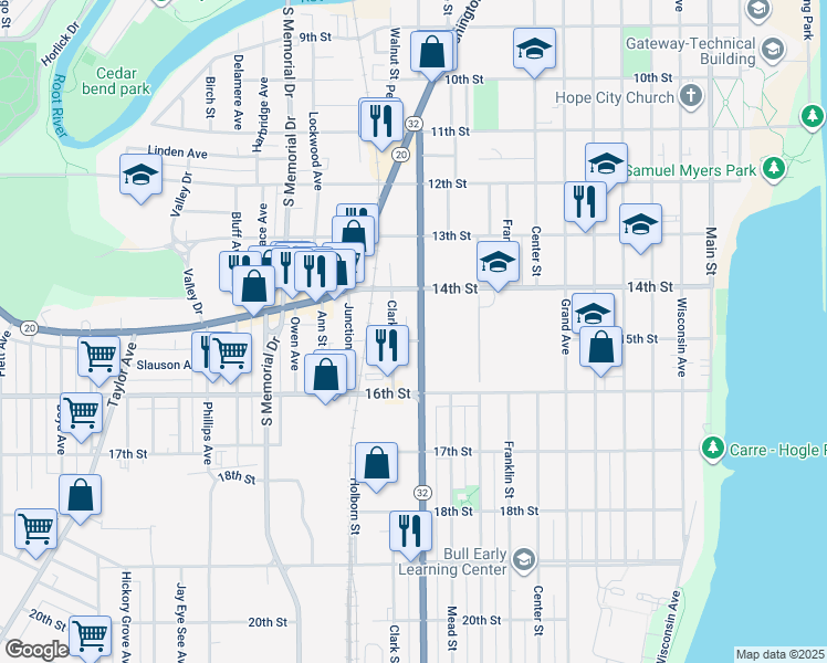 map of restaurants, bars, coffee shops, grocery stores, and more near 1440 Racine Street in Racine