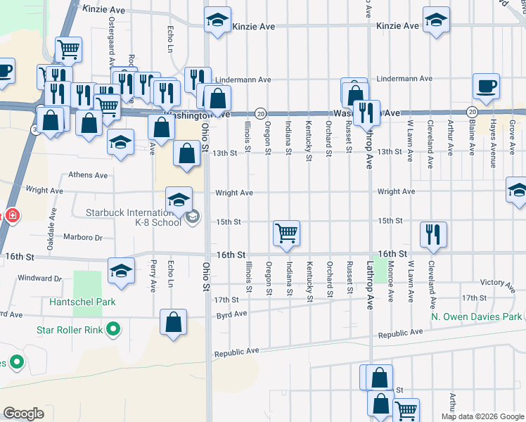 map of restaurants, bars, coffee shops, grocery stores, and more near 1438 Oregon Street in Racine