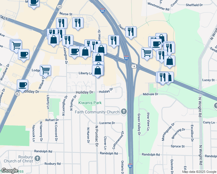 map of restaurants, bars, coffee shops, grocery stores, and more near 2810 Holiday Drive in Janesville