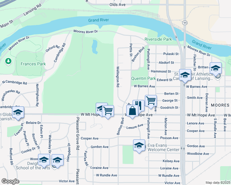 map of restaurants, bars, coffee shops, grocery stores, and more near 1718 Wellington Road in Lansing