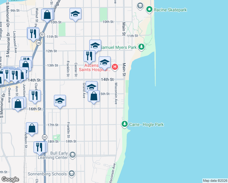 map of restaurants, bars, coffee shops, grocery stores, and more near 1501 College Avenue in Racine