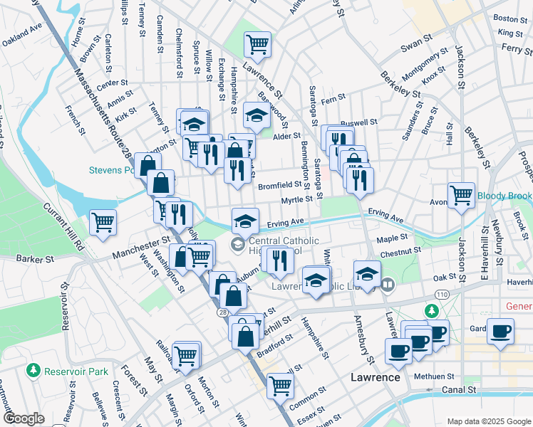 map of restaurants, bars, coffee shops, grocery stores, and more near B Common Street in Lawrence