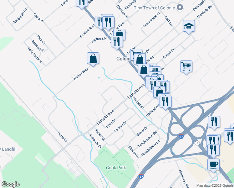 map of restaurants, bars, coffee shops, grocery stores, and more near 18 Ridge Terrace in Colonie