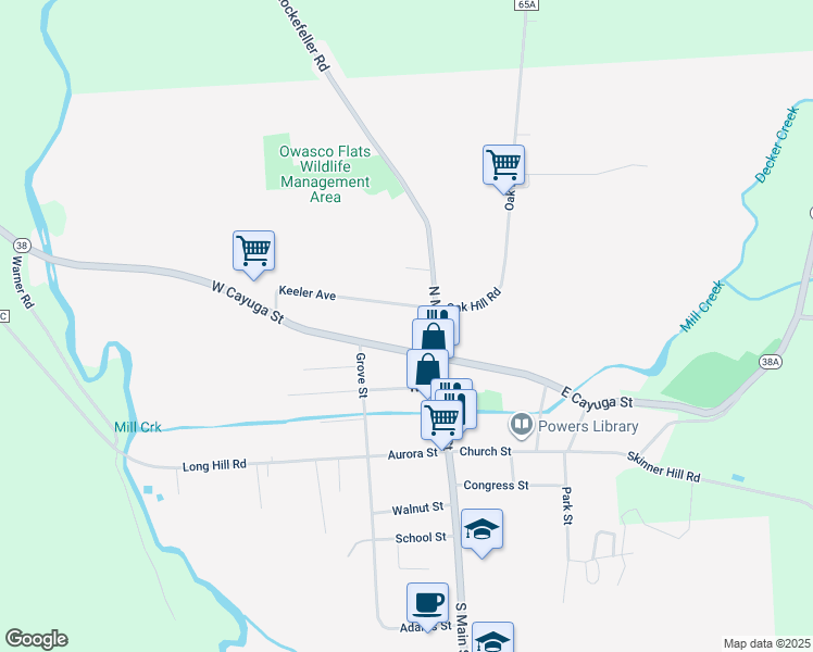 map of restaurants, bars, coffee shops, grocery stores, and more near 12 West Cayuga Street in Moravia