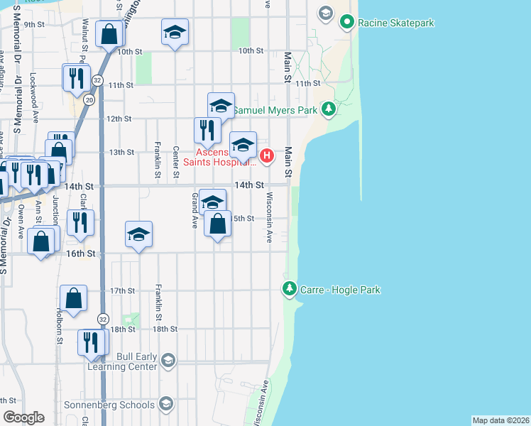 map of restaurants, bars, coffee shops, grocery stores, and more near 1501 College Avenue in Racine