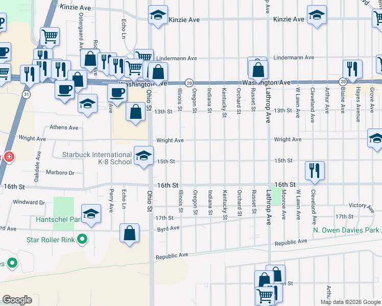 map of restaurants, bars, coffee shops, grocery stores, and more near 1438 Oregon Street in Racine