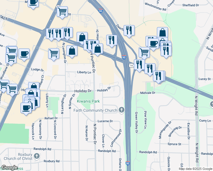 map of restaurants, bars, coffee shops, grocery stores, and more near 2810 Holiday Drive in Janesville