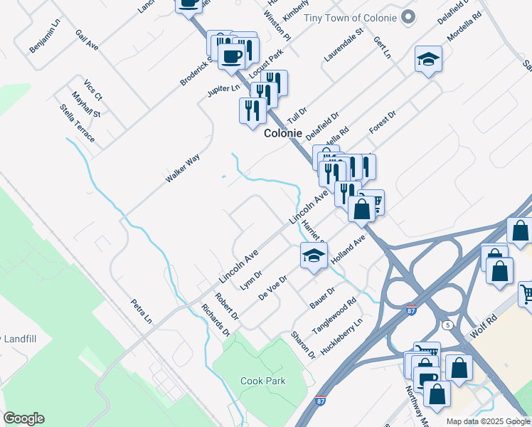 map of restaurants, bars, coffee shops, grocery stores, and more near 18 Ridge Terrace in Colonie
