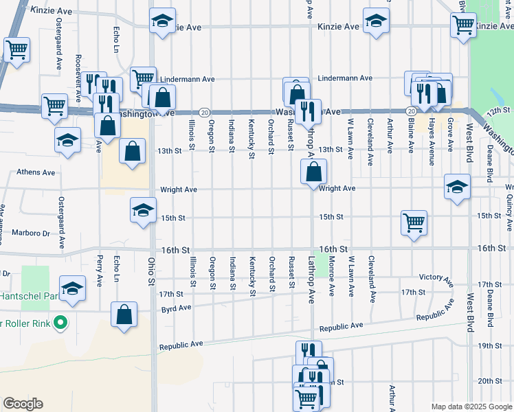 map of restaurants, bars, coffee shops, grocery stores, and more near 1421 Kentucky Street in Racine