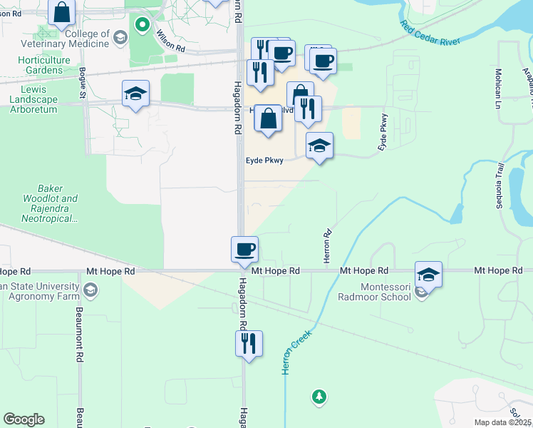 map of restaurants, bars, coffee shops, grocery stores, and more near 4572 Hagadorn Road in East Lansing
