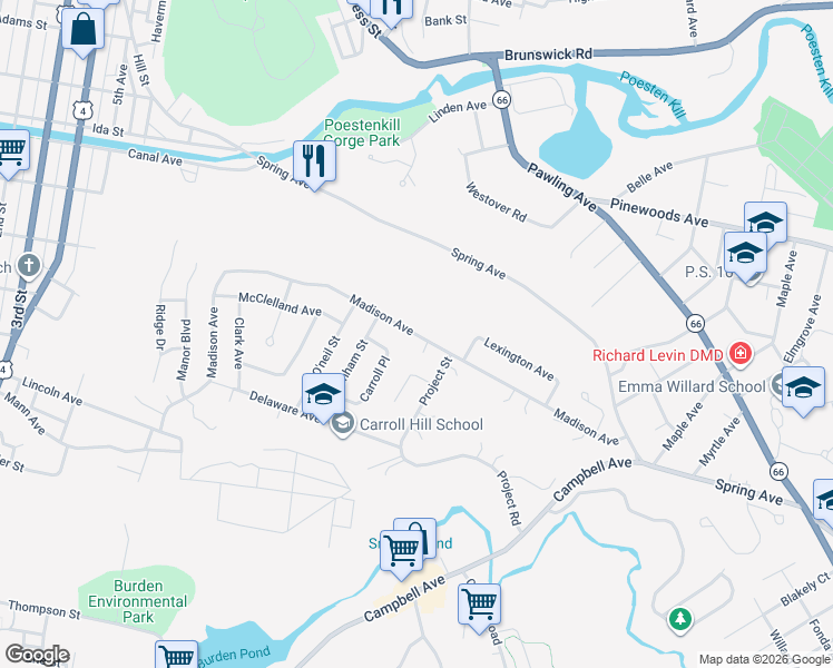 map of restaurants, bars, coffee shops, grocery stores, and more near 1016 Madison Avenue in Troy