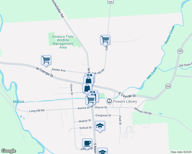 map of restaurants, bars, coffee shops, grocery stores, and more near 15 East Cayuga Street in Moravia
