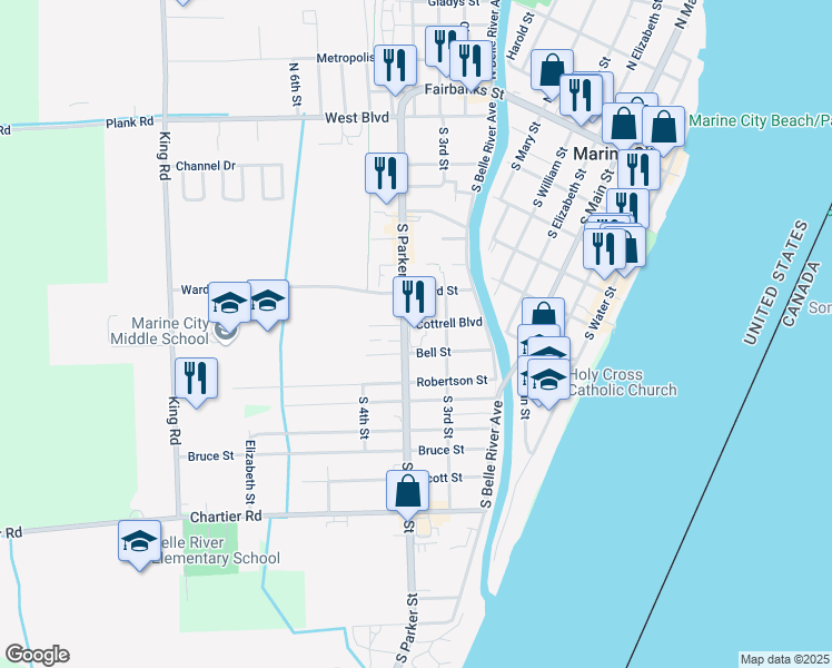 map of restaurants, bars, coffee shops, grocery stores, and more near 515 South Parker Street in Marine City