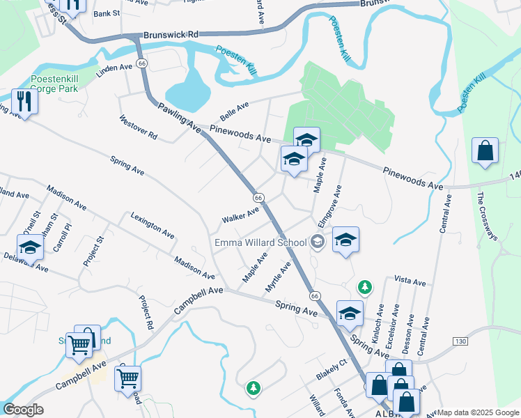 map of restaurants, bars, coffee shops, grocery stores, and more near 4 Walker Avenue in Troy