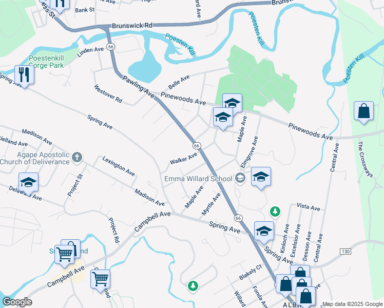 map of restaurants, bars, coffee shops, grocery stores, and more near 4 Walker Avenue in Troy