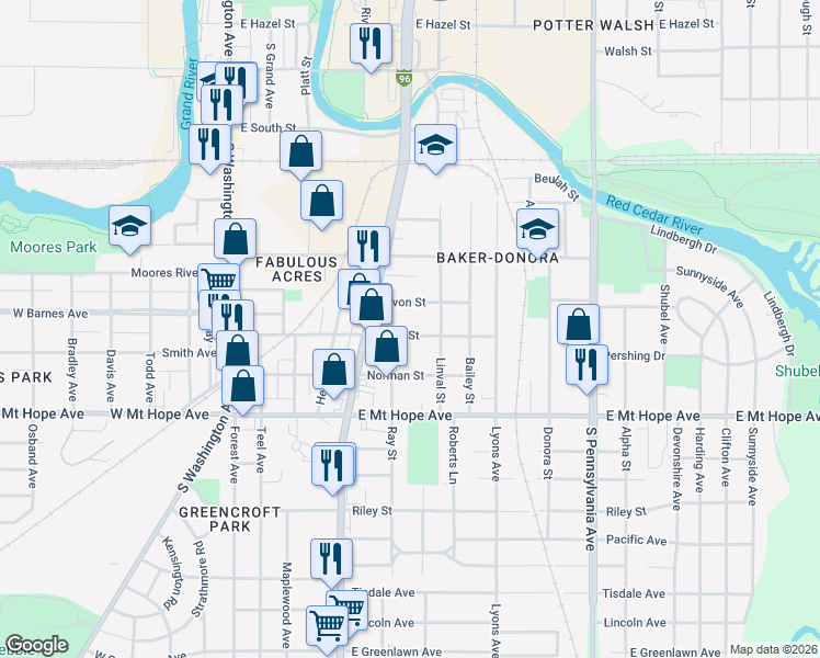 map of restaurants, bars, coffee shops, grocery stores, and more near 516 Isbell Street in Lansing