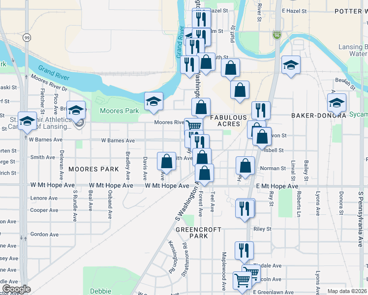 map of restaurants, bars, coffee shops, grocery stores, and more near 122 Smith Avenue in Lansing