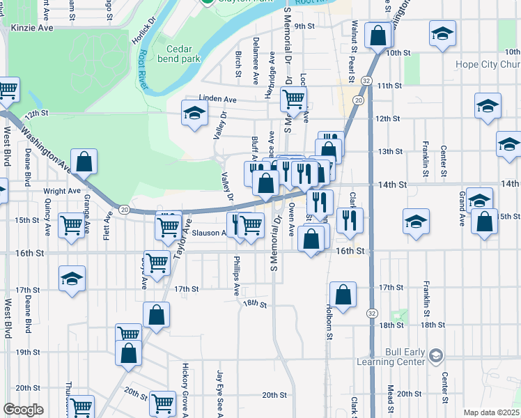 map of restaurants, bars, coffee shops, grocery stores, and more near 1520 Packard Avenue in Racine