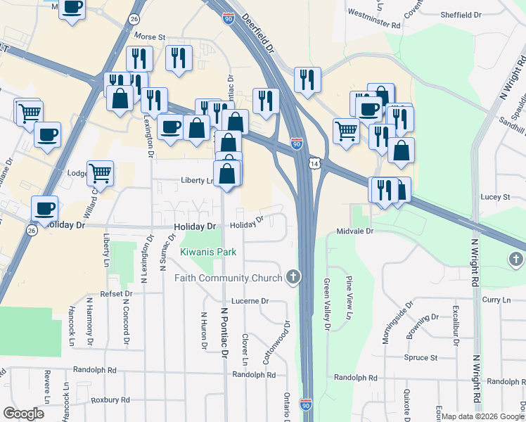 map of restaurants, bars, coffee shops, grocery stores, and more near 2810 Holiday Drive in Janesville