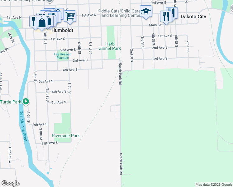 map of restaurants, bars, coffee shops, grocery stores, and more near 2301 Gotch Park Road in Humboldt