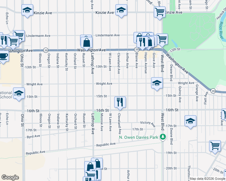 map of restaurants, bars, coffee shops, grocery stores, and more near 1437 West Lawn Avenue in Racine