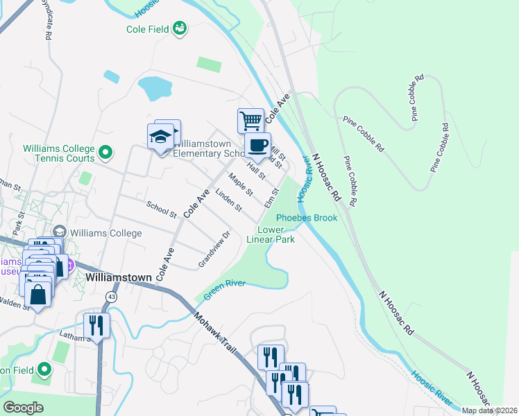 map of restaurants, bars, coffee shops, grocery stores, and more near 18-98 Linden St in Williamstown
