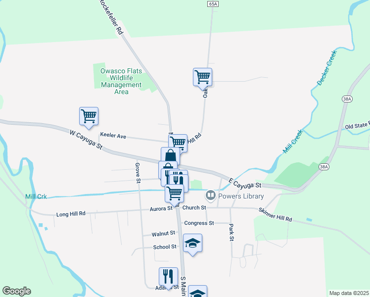 map of restaurants, bars, coffee shops, grocery stores, and more near 15 East Cayuga Street in Moravia