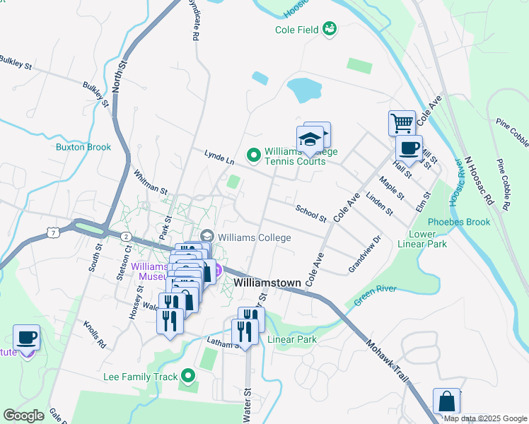 map of restaurants, bars, coffee shops, grocery stores, and more near Southworth Street in Williamstown