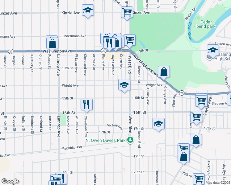 map of restaurants, bars, coffee shops, grocery stores, and more near 1430 Grove Avenue in Racine