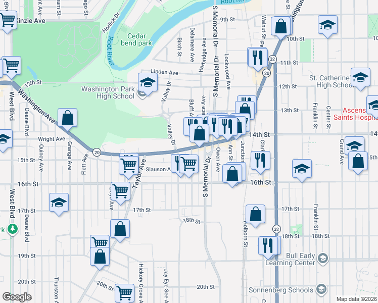 map of restaurants, bars, coffee shops, grocery stores, and more near 1520 Packard Avenue in Racine
