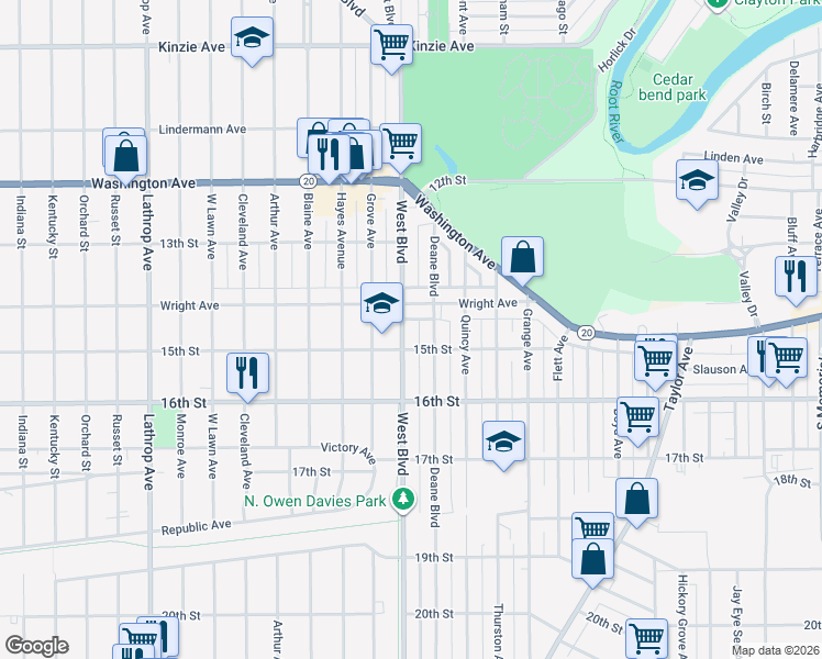 map of restaurants, bars, coffee shops, grocery stores, and more near 1425 West Boulevard in Racine