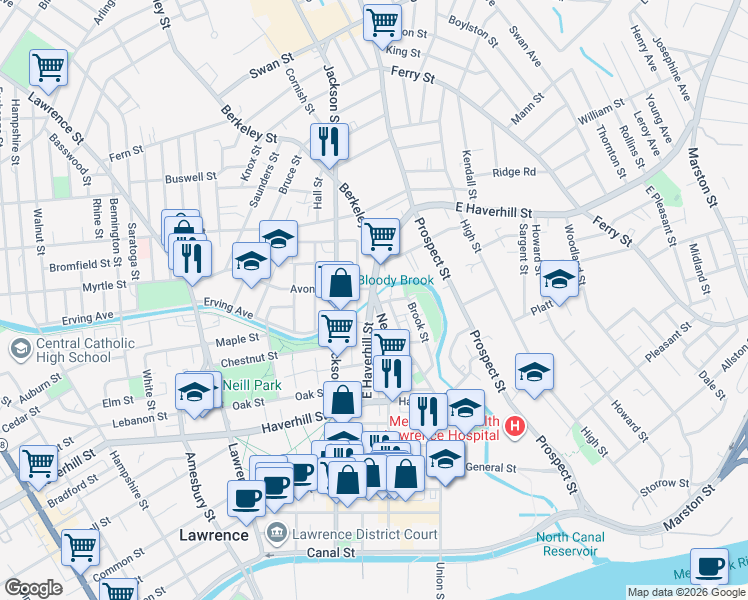 map of restaurants, bars, coffee shops, grocery stores, and more near 168 Newbury Street in Lawrence