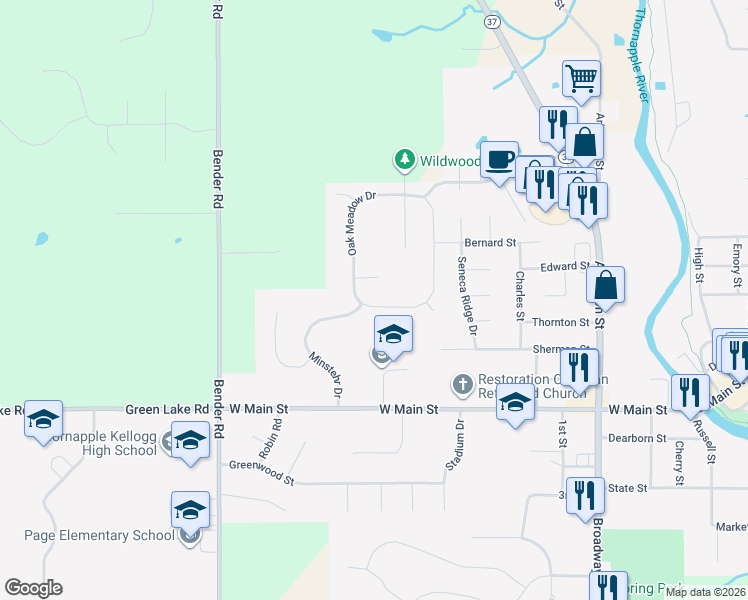 map of restaurants, bars, coffee shops, grocery stores, and more near 409 Oak View Drive in Middleville