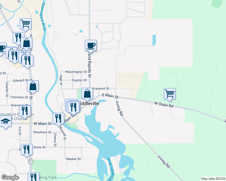 map of restaurants, bars, coffee shops, grocery stores, and more near 138 Sheridan Street in Middleville