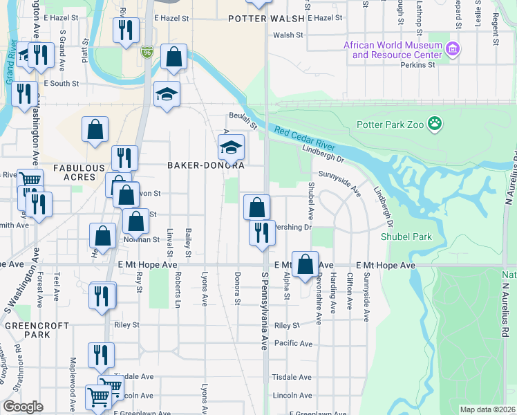 map of restaurants, bars, coffee shops, grocery stores, and more near 1702 South Pennsylvania Avenue in Lansing