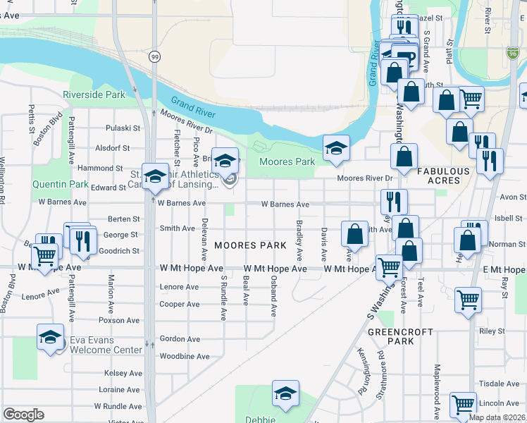 map of restaurants, bars, coffee shops, grocery stores, and more near 620 Smith Avenue in Lansing