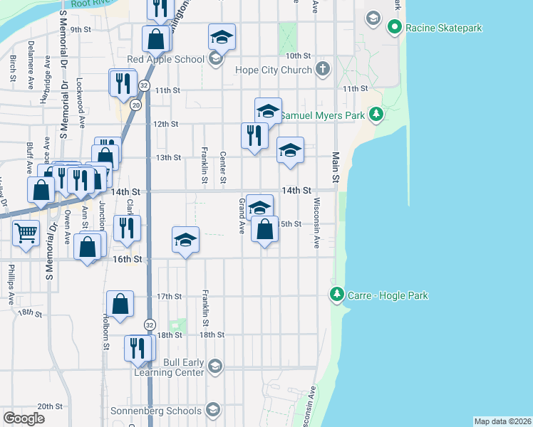map of restaurants, bars, coffee shops, grocery stores, and more near 1500 Park Avenue in Racine