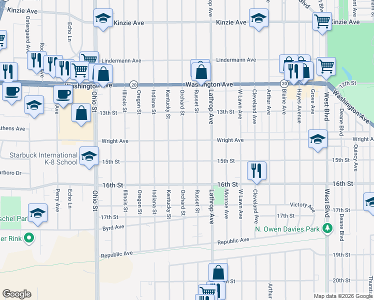 map of restaurants, bars, coffee shops, grocery stores, and more near 1439 Orchard Street in Racine