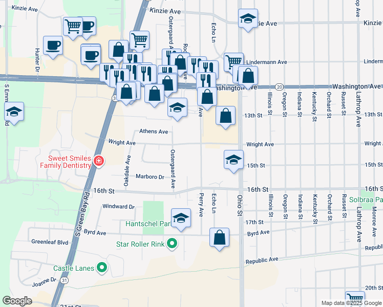 map of restaurants, bars, coffee shops, grocery stores, and more near 1506 Perry Avenue in Racine