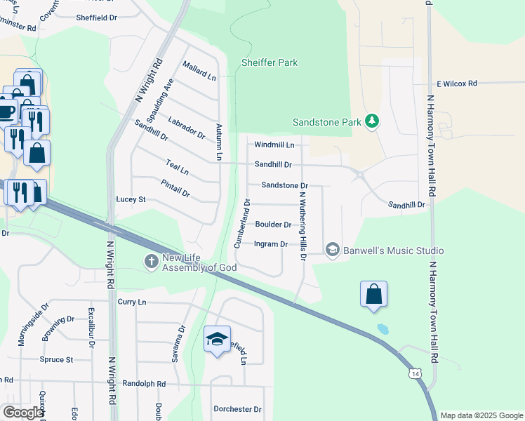 map of restaurants, bars, coffee shops, grocery stores, and more near 4015 Boulder Drive in Janesville