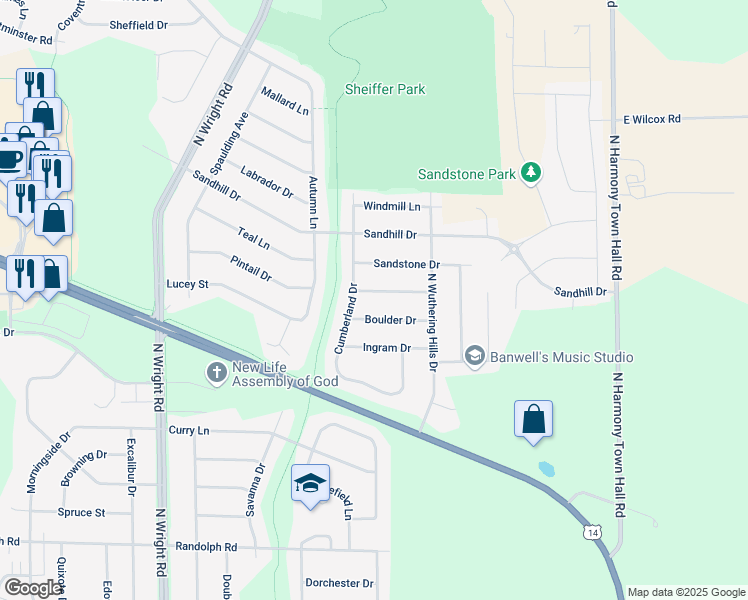 map of restaurants, bars, coffee shops, grocery stores, and more near 4015 Boulder Drive in Janesville