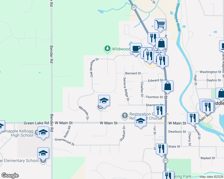 map of restaurants, bars, coffee shops, grocery stores, and more near 840 West Main Street in Middleville