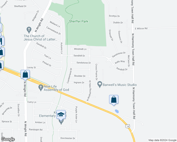 map of restaurants, bars, coffee shops, grocery stores, and more near 2653 North Wuthering Hills Drive in Janesville