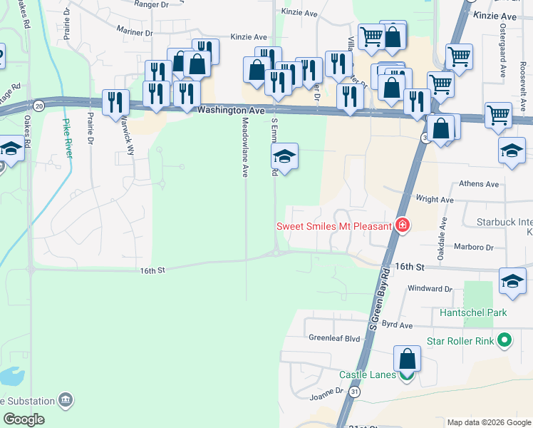 map of restaurants, bars, coffee shops, grocery stores, and more near 1449 Meadow Lane Avenue in Mount Pleasant