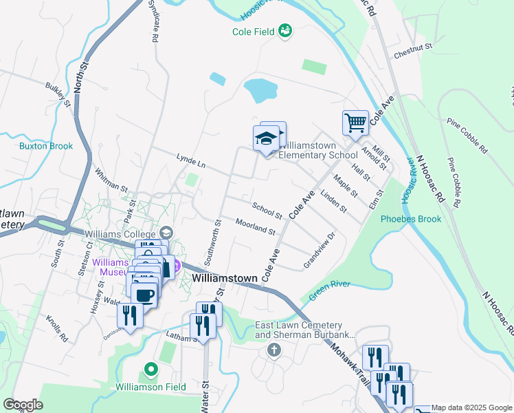 map of restaurants, bars, coffee shops, grocery stores, and more near School Street in Williamstown