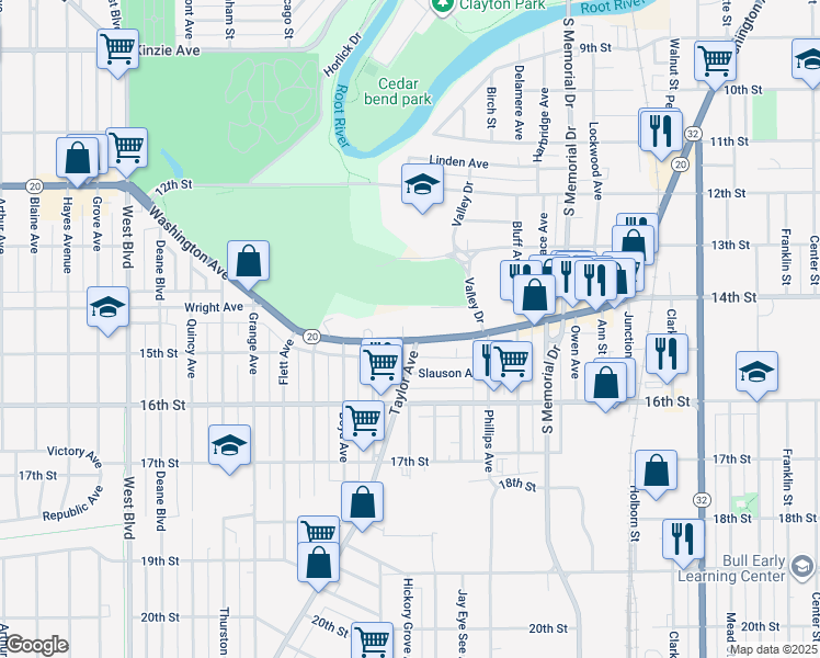 map of restaurants, bars, coffee shops, grocery stores, and more near 2200 Washington Avenue in Racine