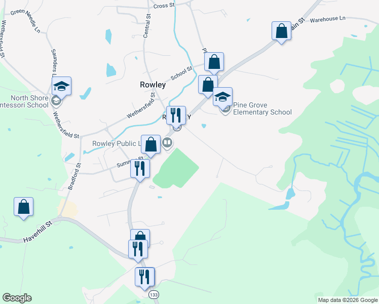 map of restaurants, bars, coffee shops, grocery stores, and more near 21 Hammond Street in Rowley